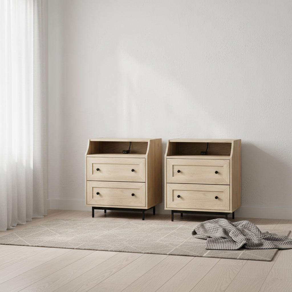 Modern 2-Drawer USB Nightstand, Set of 2