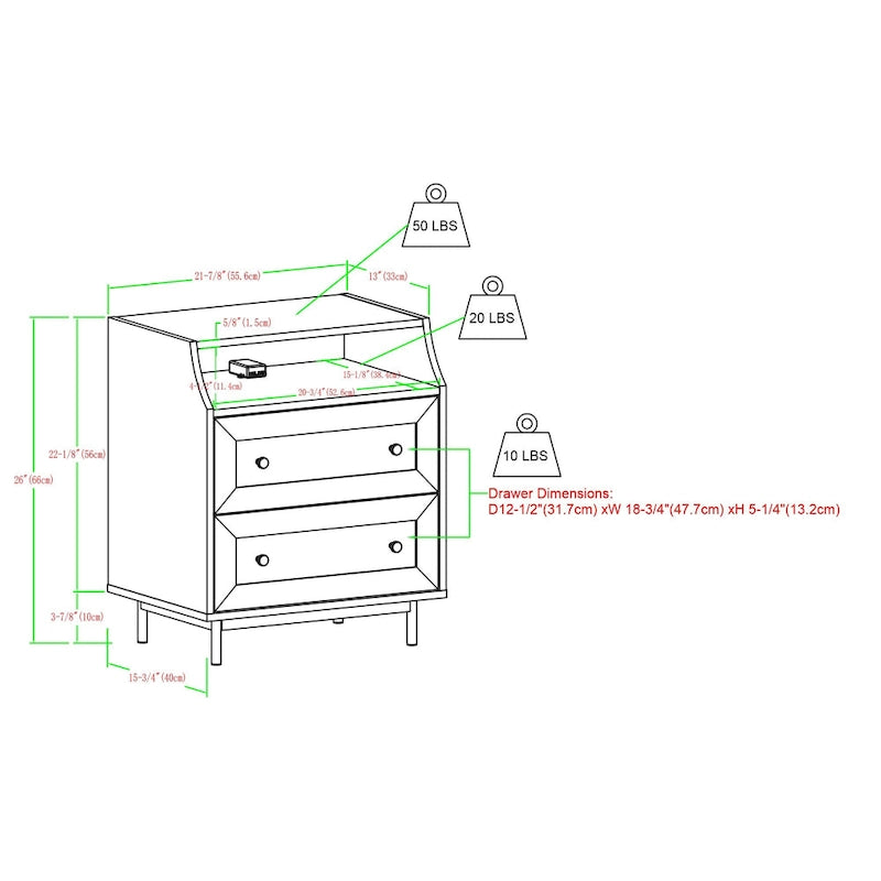 Modern 2-Drawer USB Nightstand, Set of 2