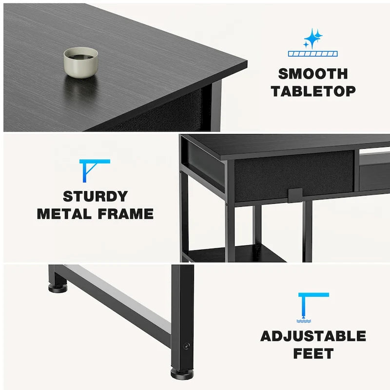 Modern Computer Office Table Desk with Built in Storage shelf and 2 Drawers for Home Office or Study Room