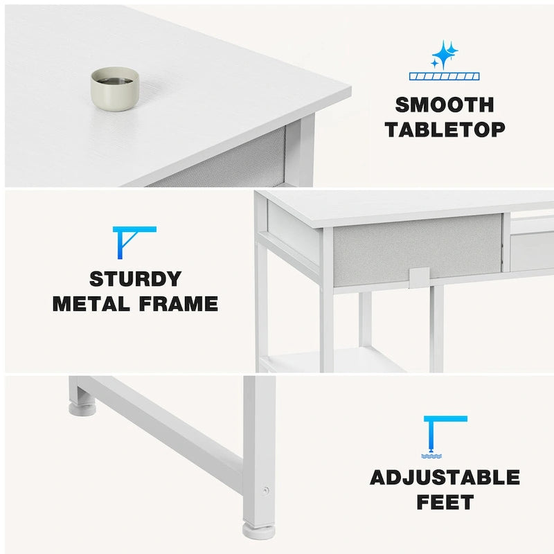 Modern Computer Office Table Desk with Built in Storage shelf and 2 Drawers for Home Office or Study Room