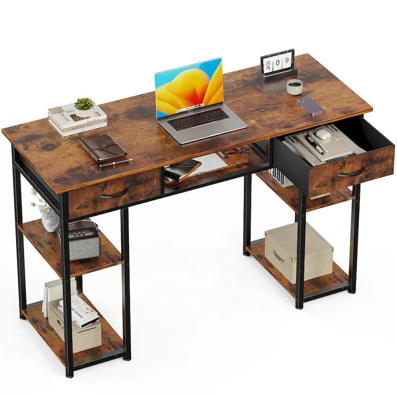 Modern Computer Office Table Desk with Built in Storage shelf and 2 Drawers for Home Office or Study Room