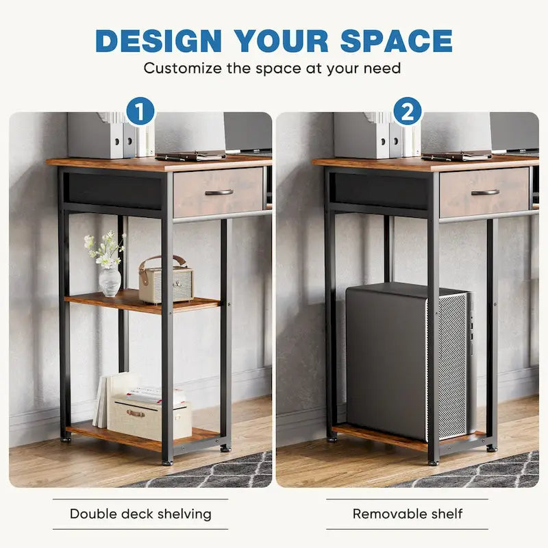 Modern Computer Office Table Desk with Built in Storage shelf and 2 Drawers for Home Office or Study Room