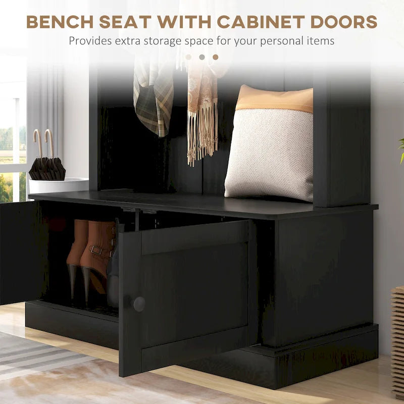 Freestanding Hall Tree, Entryway Bench with Coat Rack, Shoe Cabinet and Top Shelf