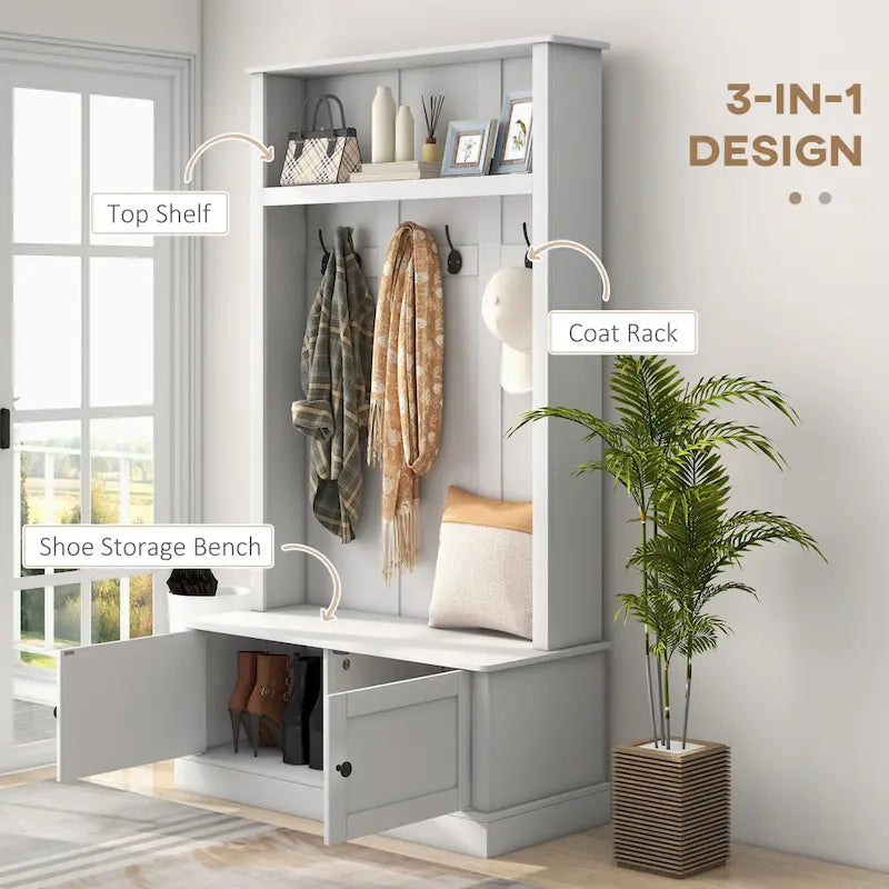 Freestanding Hall Tree, Entryway Bench with Coat Rack, Shoe Cabinet and Top Shelf