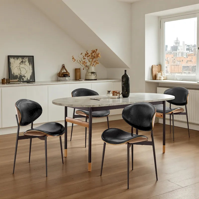 Set of 4 Mid-century Wood and Faux Leather Dining Chairs