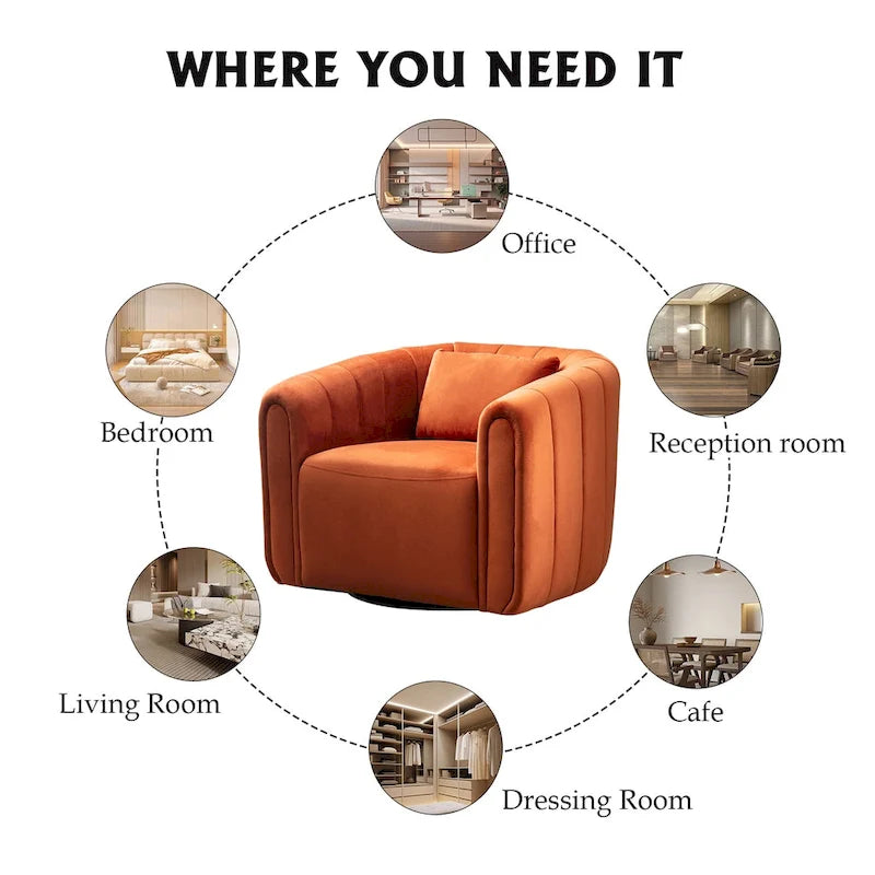 Oversize Velvet Swivel 360 Rotation Barrel Comfy Round Armchair With Plump Pillow Suitable For Living Room Bedroom
