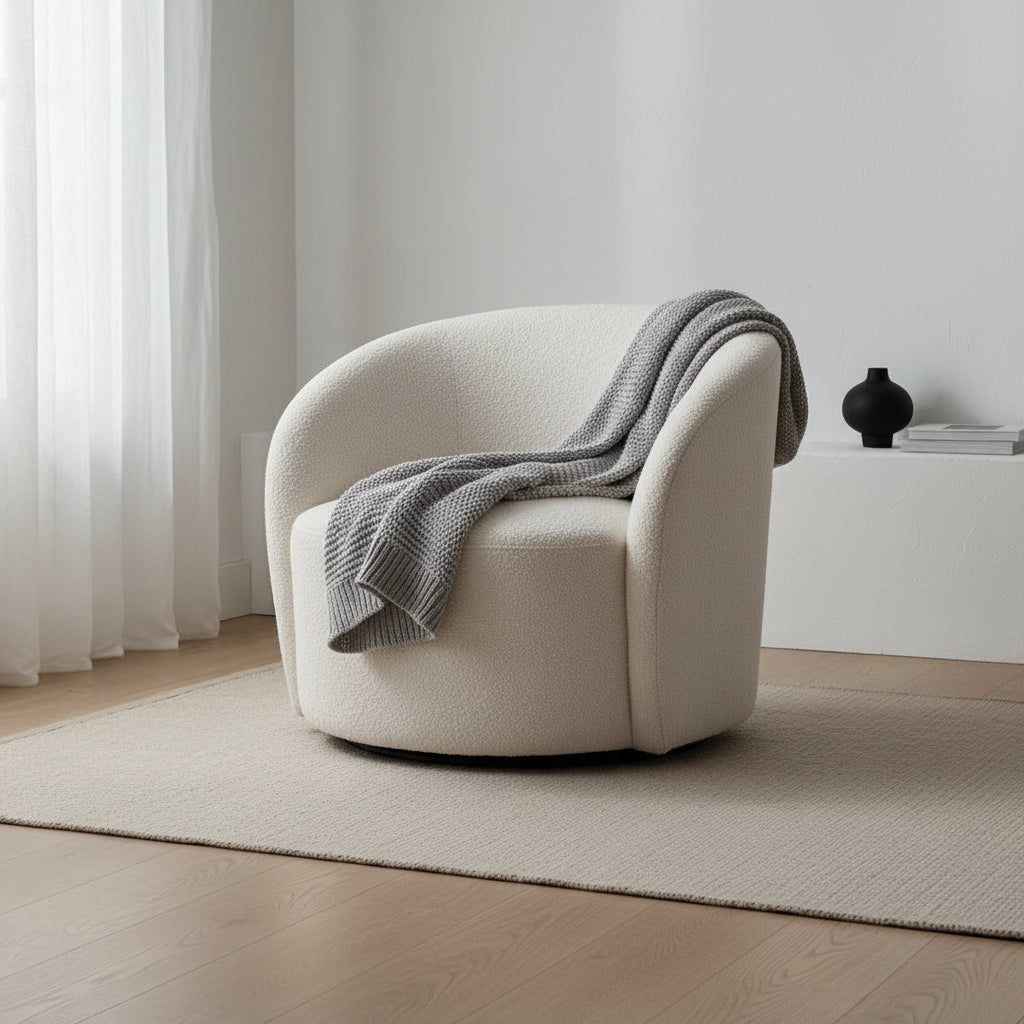 34 W Upholstered Boucle Swivel Barrel Accent Chair