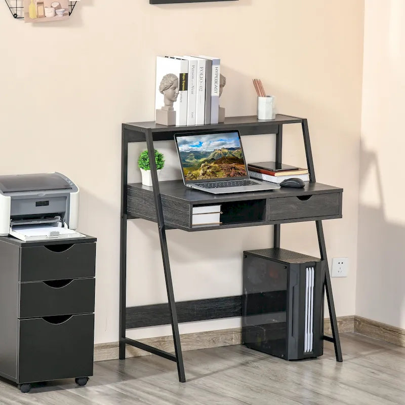 Computer Desk for Small Spaces, School Student Desk Study Writing Desk, Small Corner Desk with Drawer and Storage Shelves