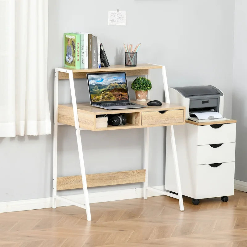 Computer Desk for Small Spaces, School Student Desk Study Writing Desk, Small Corner Desk with Drawer and Storage Shelves