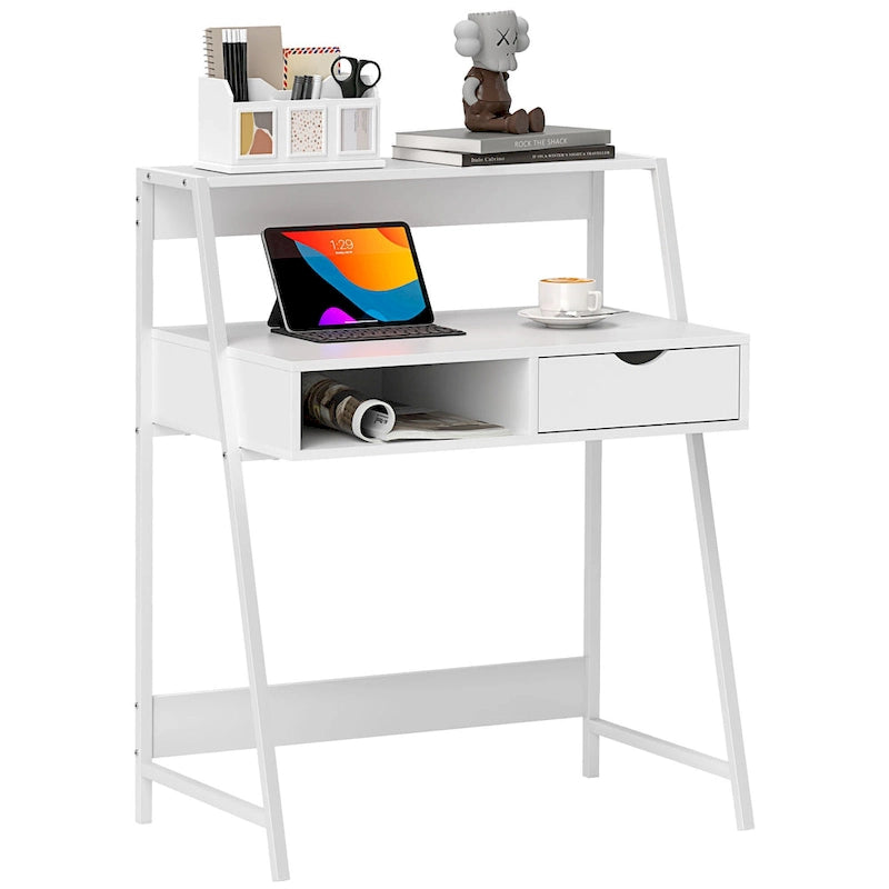 Computer Desk for Small Spaces, School Student Desk Study Writing Desk, Small Corner Desk with Drawer and Storage Shelves