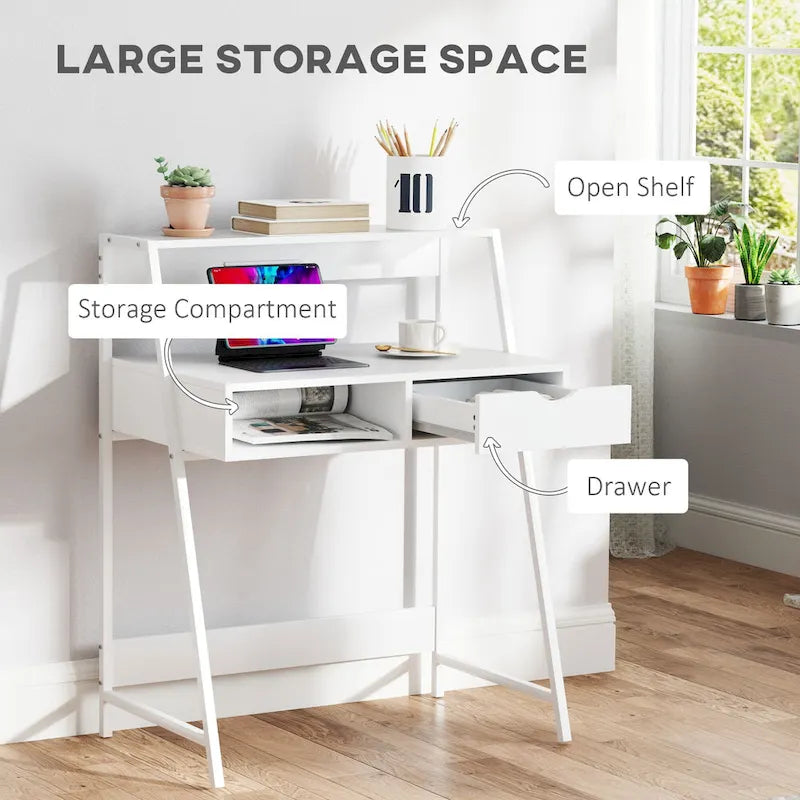 Computer Desk for Small Spaces, School Student Desk Study Writing Desk, Small Corner Desk with Drawer and Storage Shelves