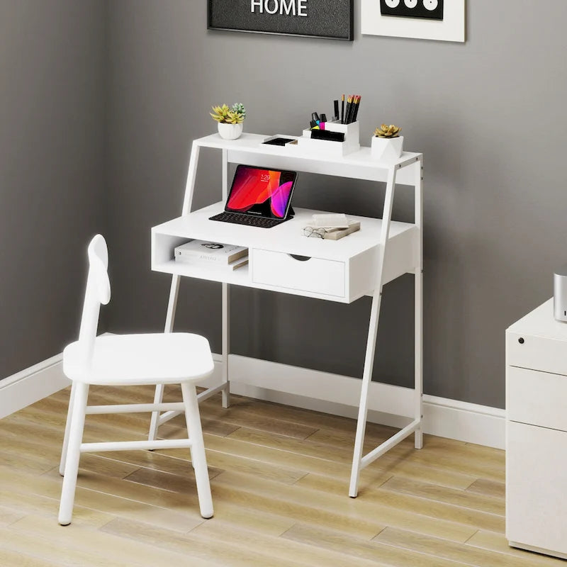 Computer Desk for Small Spaces, School Student Desk Study Writing Desk, Small Corner Desk with Drawer and Storage Shelves