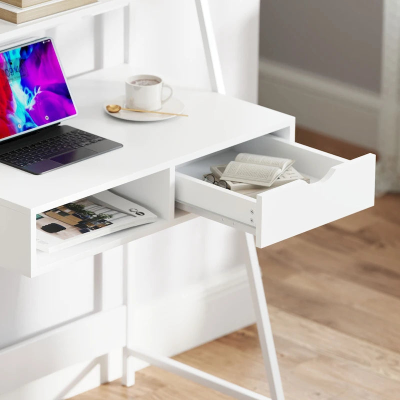 Computer Desk for Small Spaces, School Student Desk Study Writing Desk, Small Corner Desk with Drawer and Storage Shelves