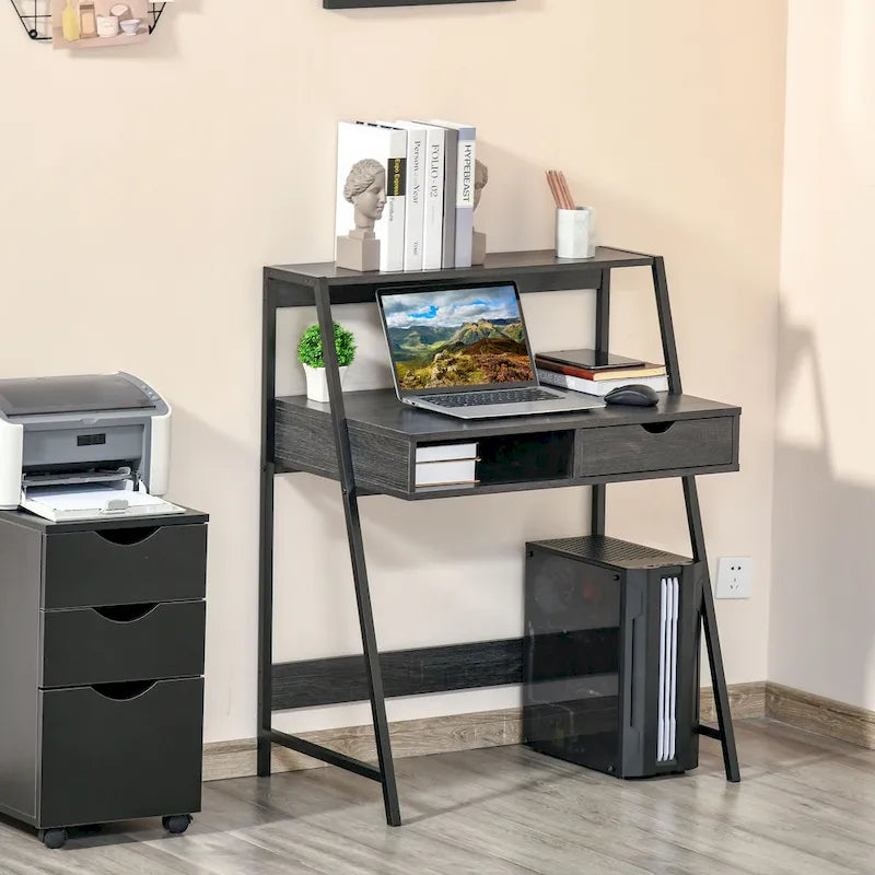Computer Desk for Small Spaces, School Student Desk Study Writing Desk, Small Corner Desk with Drawer and Storage Shelves