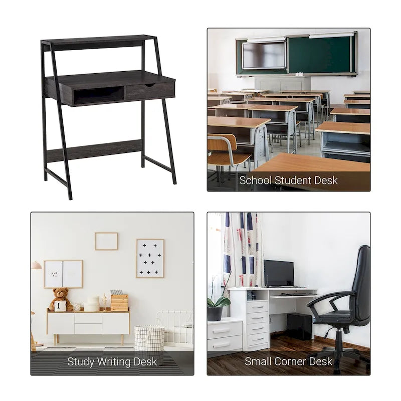 Computer Desk for Small Spaces, School Student Desk Study Writing Desk, Small Corner Desk with Drawer and Storage Shelves