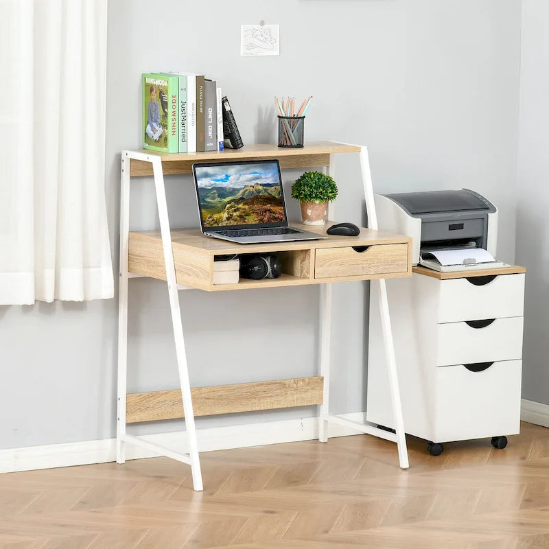Computer Desk for Small Spaces, School Student Desk Study Writing Desk, Small Corner Desk with Drawer and Storage Shelves