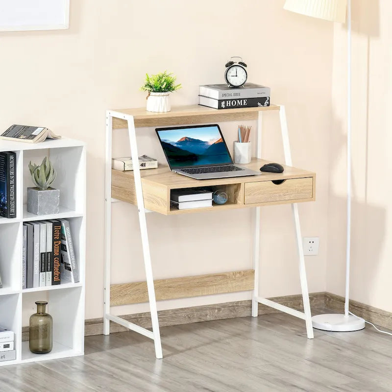 Computer Desk for Small Spaces, School Student Desk Study Writing Desk, Small Corner Desk with Drawer and Storage Shelves