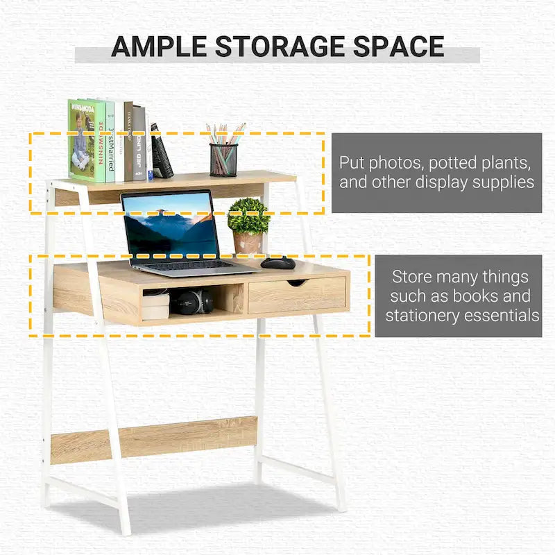 Computer Desk for Small Spaces, School Student Desk Study Writing Desk, Small Corner Desk with Drawer and Storage Shelves
