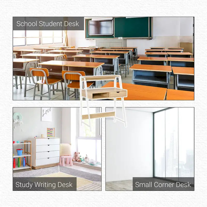 Computer Desk for Small Spaces, School Student Desk Study Writing Desk, Small Corner Desk with Drawer and Storage Shelves