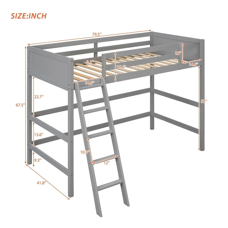 Solid Wood Twin Size Loft Bed with Ladder