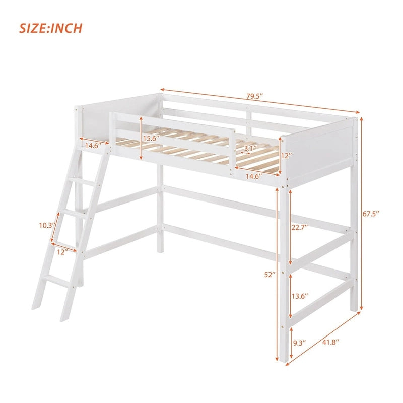 Solid Wood Twin Size Loft Bed with Ladder