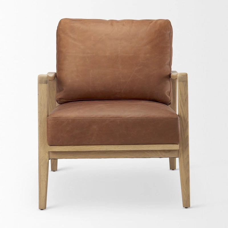 Cognac Brown Genuine Leather w/ Light Brown Solid Beechwood Frame Accent Chair - 27.9W x 34D x 34.4H