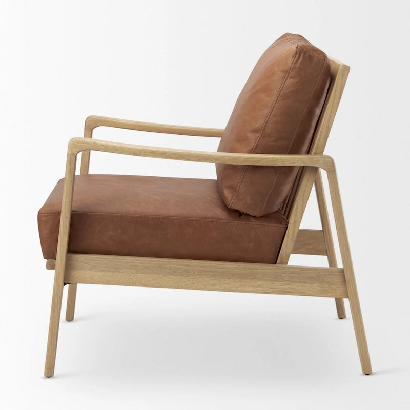 Cognac Brown Genuine Leather w/ Light Brown Solid Beechwood Frame Accent Chair - 27.9W x 34D x 34.4H