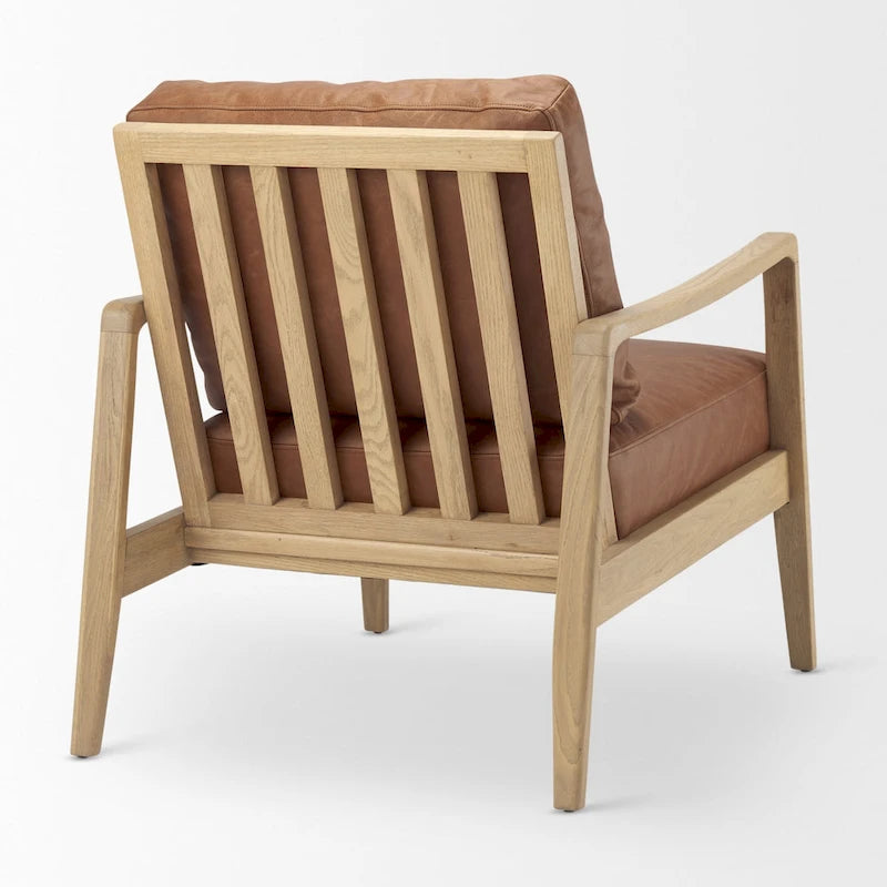 Cognac Brown Genuine Leather w/ Light Brown Solid Beechwood Frame Accent Chair - 27.9W x 34D x 34.4H