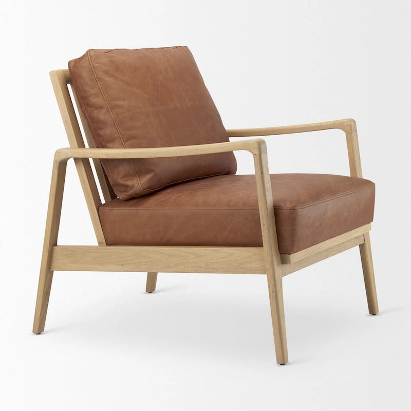 Cognac Brown Genuine Leather w/ Light Brown Solid Beechwood Frame Accent Chair - 27.9W x 34D x 34.4H