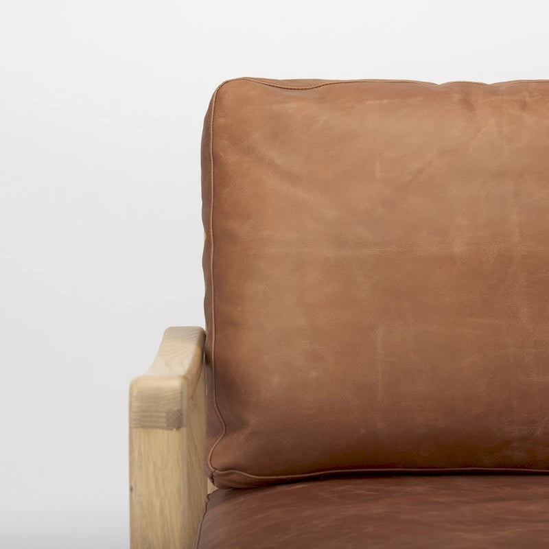 Cognac Brown Genuine Leather w/ Light Brown Solid Beechwood Frame Accent Chair - 27.9W x 34D x 34.4H