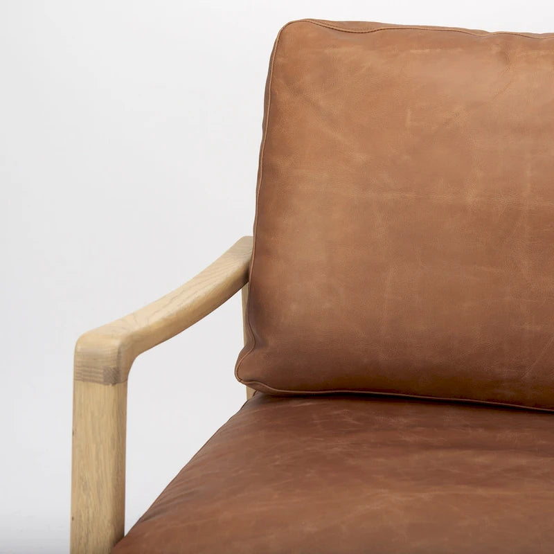 Cognac Brown Genuine Leather w/ Light Brown Solid Beechwood Frame Accent Chair - 27.9W x 34D x 34.4H