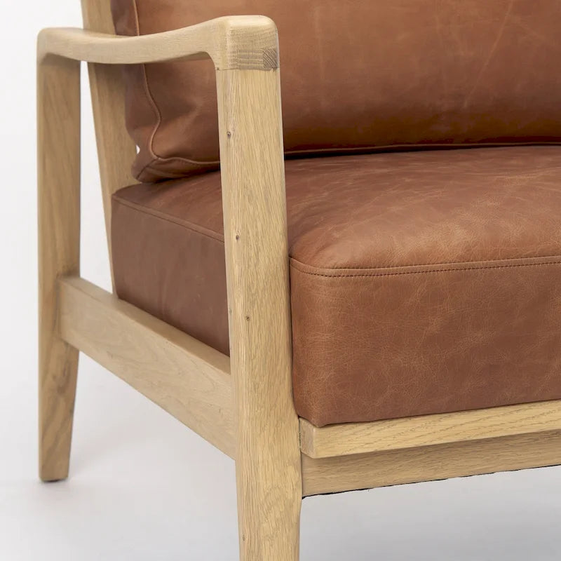 Cognac Brown Genuine Leather w/ Light Brown Solid Beechwood Frame Accent Chair - 27.9W x 34D x 34.4H