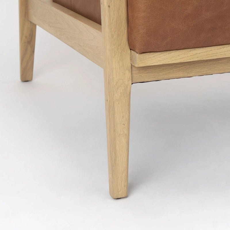 Cognac Brown Genuine Leather w/ Light Brown Solid Beechwood Frame Accent Chair - 27.9W x 34D x 34.4H