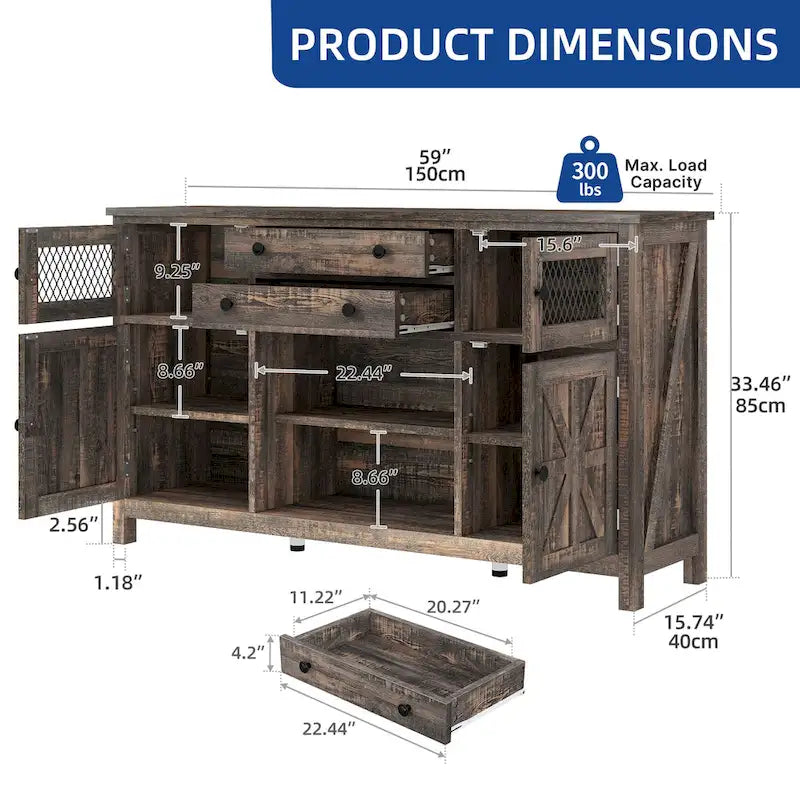 Farmhouse Buffet Cabinet with Storage, 2 Drawers Sideboard for Kitchen Dining Room