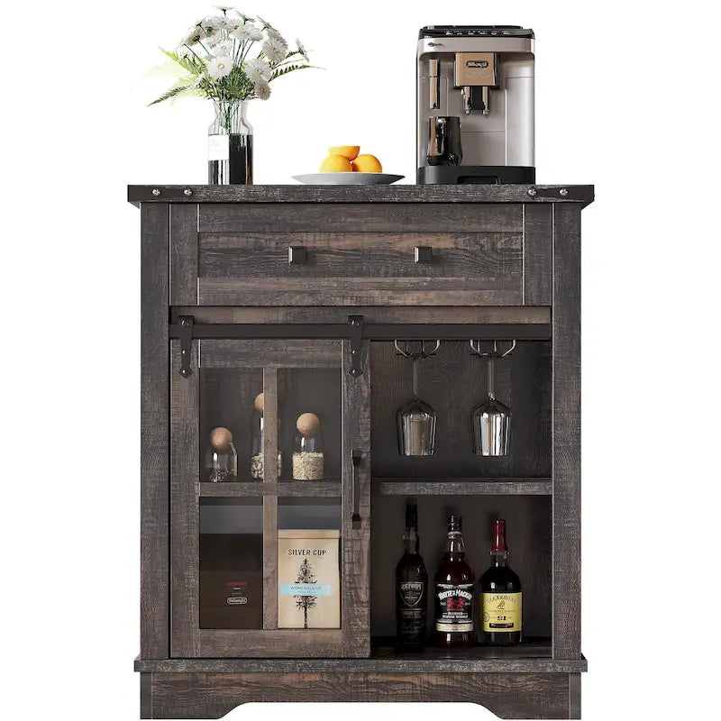 Farmhouse Coffee Bar Cabinet with Sliding Barn Door and Wine Glass Holder