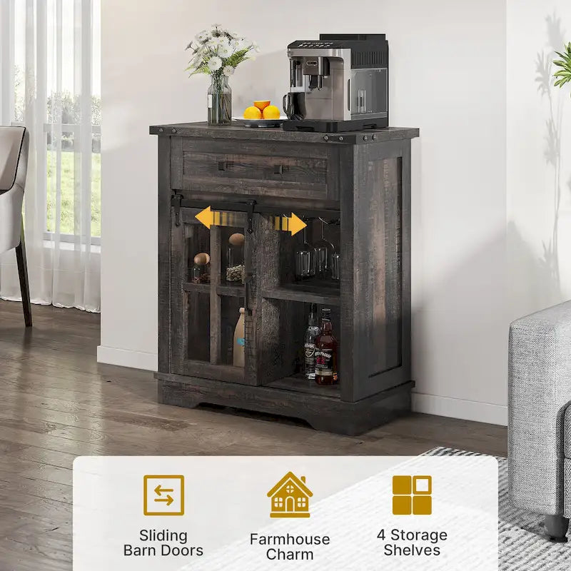 Farmhouse Coffee Bar Cabinet with Sliding Barn Door and Wine Glass Holder