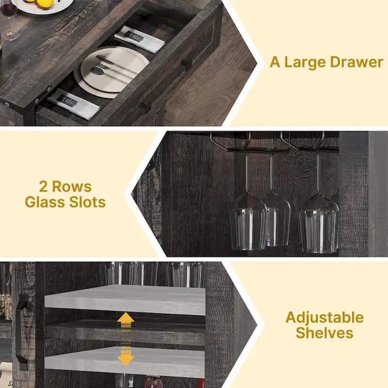 Farmhouse Coffee Bar Cabinet with Sliding Barn Door and Wine Glass Holder