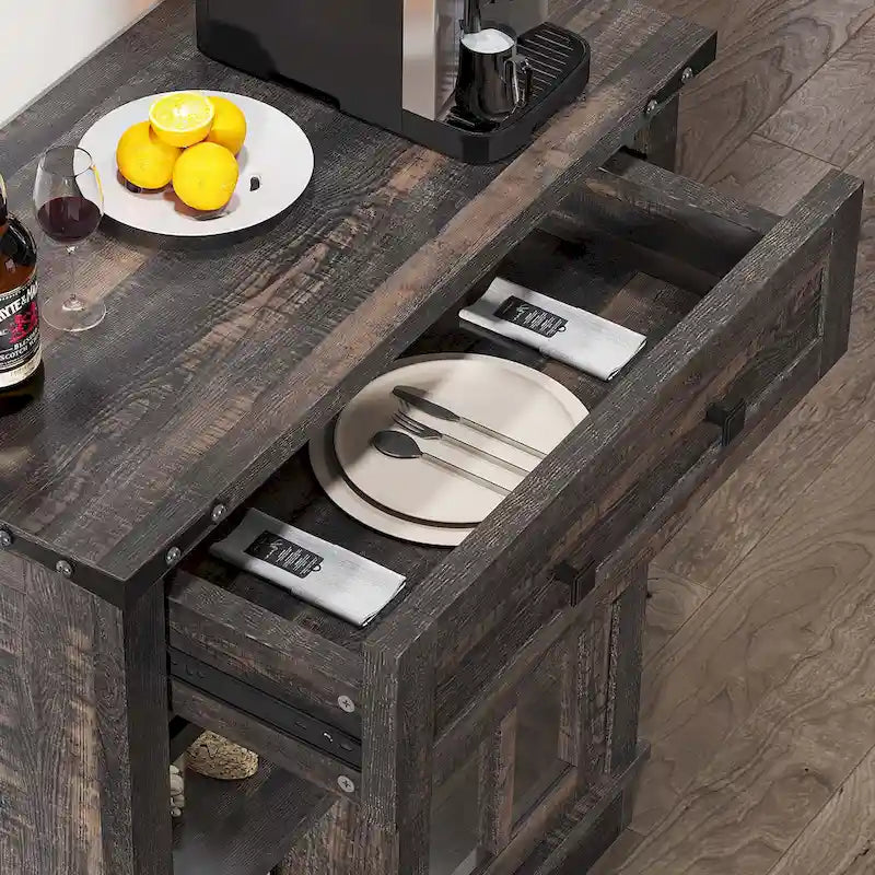 Farmhouse Coffee Bar Cabinet with Sliding Barn Door and Wine Glass Holder