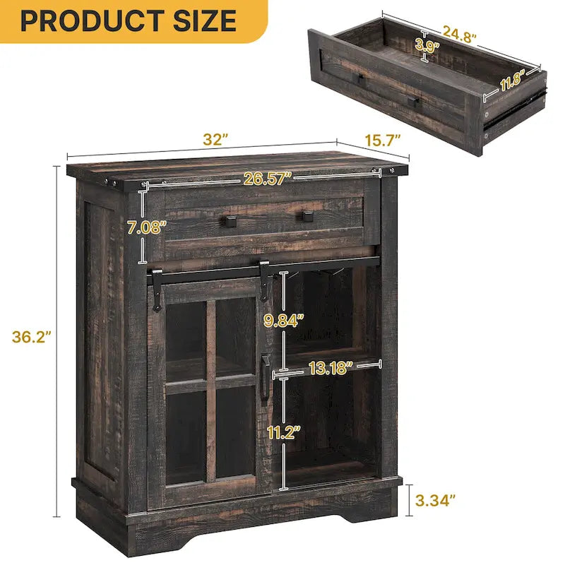Farmhouse Coffee Bar Cabinet with Sliding Barn Door and Wine Glass Holder