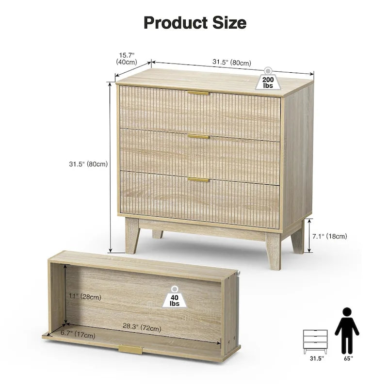 Modern 3-Drawer Dresser Wood Chest of Drawers Storage Cabinet for Bedroom