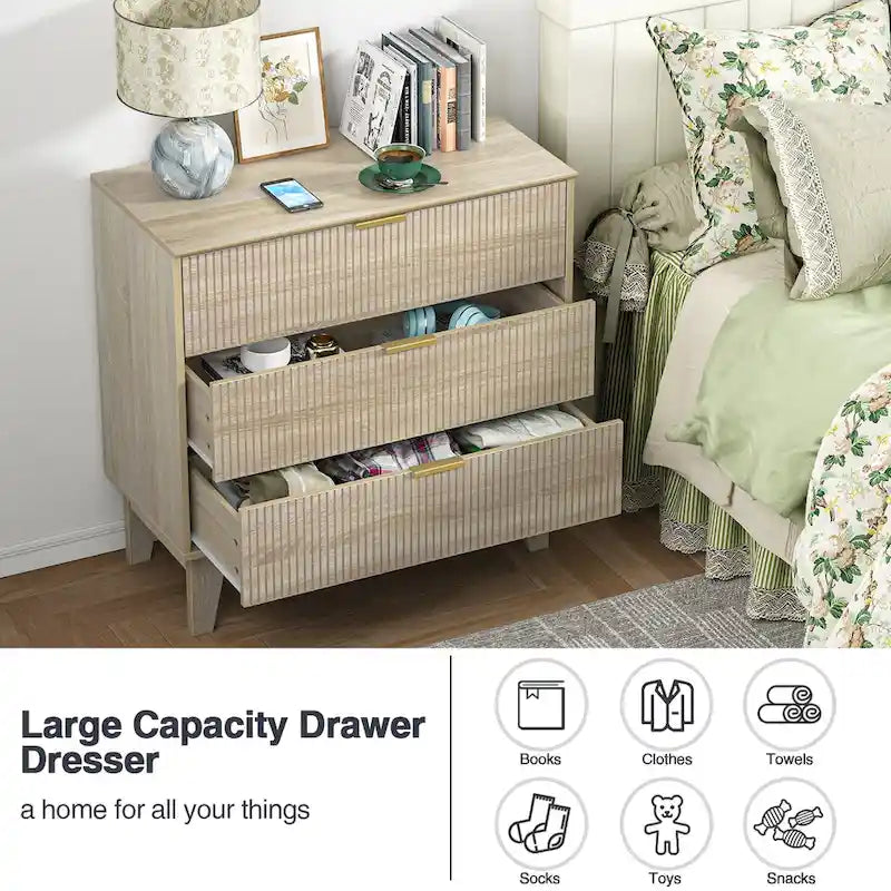Modern 3-Drawer Dresser Wood Chest of Drawers Storage Cabinet for Bedroom