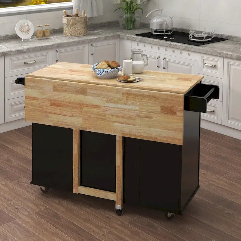Kitchen Island with Spice Rack and Extensible Solid Wood Table Top