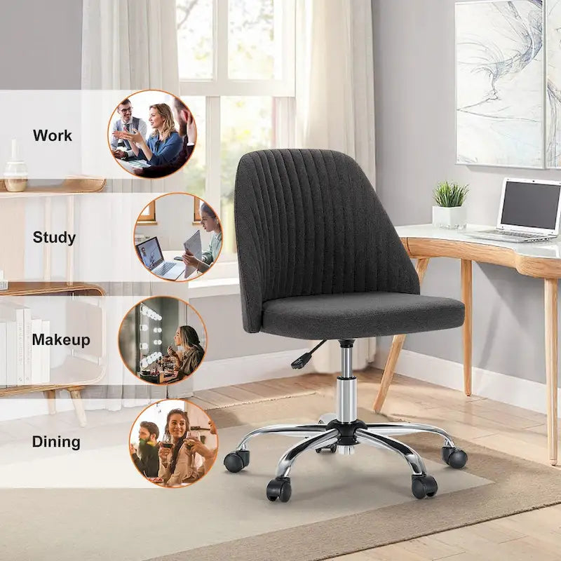 Armless Home Office Desk Chair with Wheels Adjustable Swivel Task Computer Vanity Chair for Small Spaces