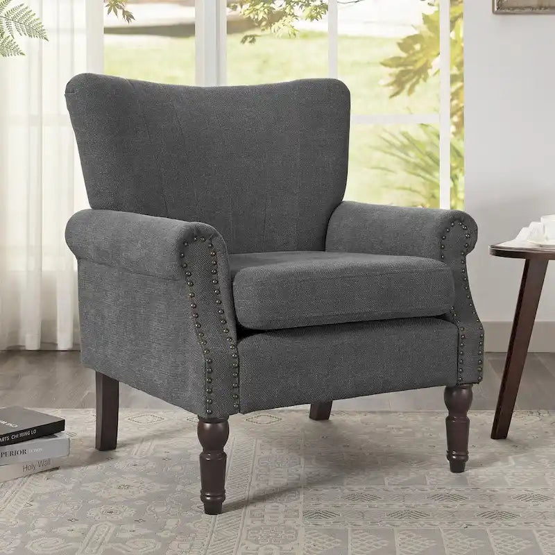 Modern Solid Wood Armchair Upholstered Fabric/Faux Leather Accent Chair for Living Room