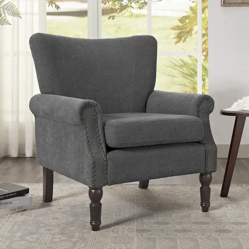 Modern Solid Wood Armchair Upholstered Fabric/Faux Leather Accent Chair for Living Room