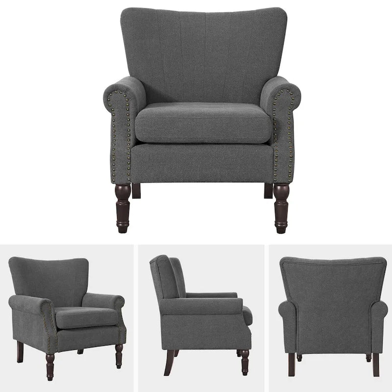 Modern Solid Wood Armchair Upholstered Fabric/Faux Leather Accent Chair for Living Room