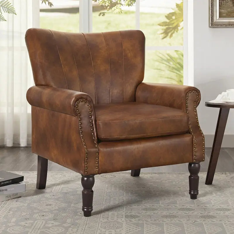 Modern Solid Wood Armchair Upholstered Fabric/Faux Leather Accent Chair for Living Room