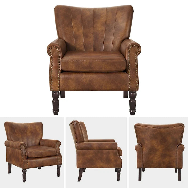 Modern Solid Wood Armchair Upholstered Fabric/Faux Leather Accent Chair for Living Room