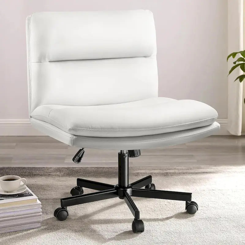 Criss Cross Chair with Wheels,PU Leather Armless Cross Legged Office chair, Adjustable Wide Seat Task Vanity Chair