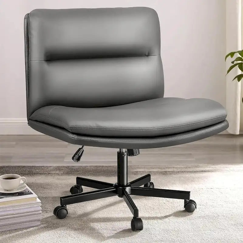 Criss Cross Chair with Wheels,PU Leather Armless Cross Legged Office chair, Adjustable Wide Seat Task Vanity Chair
